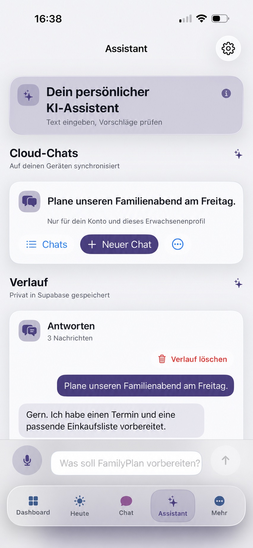 FamilyPlan KI-Assistent mit einem vorbereiteten Familienabend
