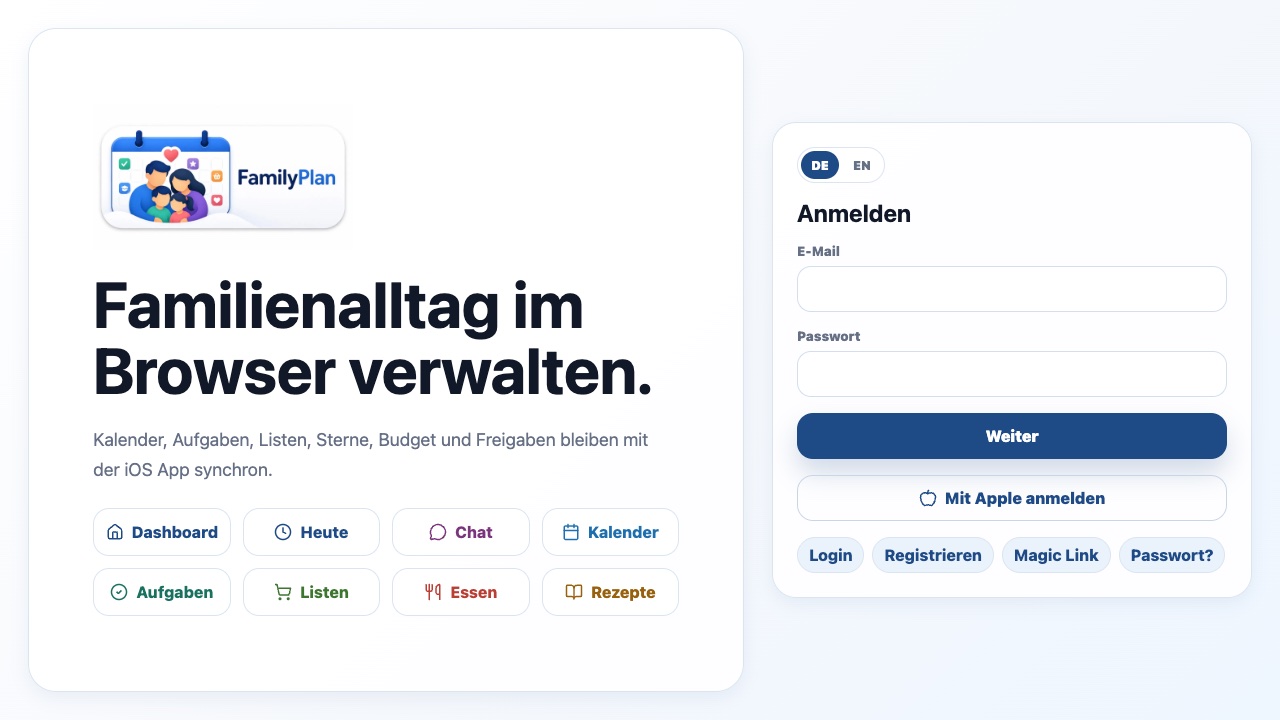 Anmeldung der FamilyPlan Web-App im Browser